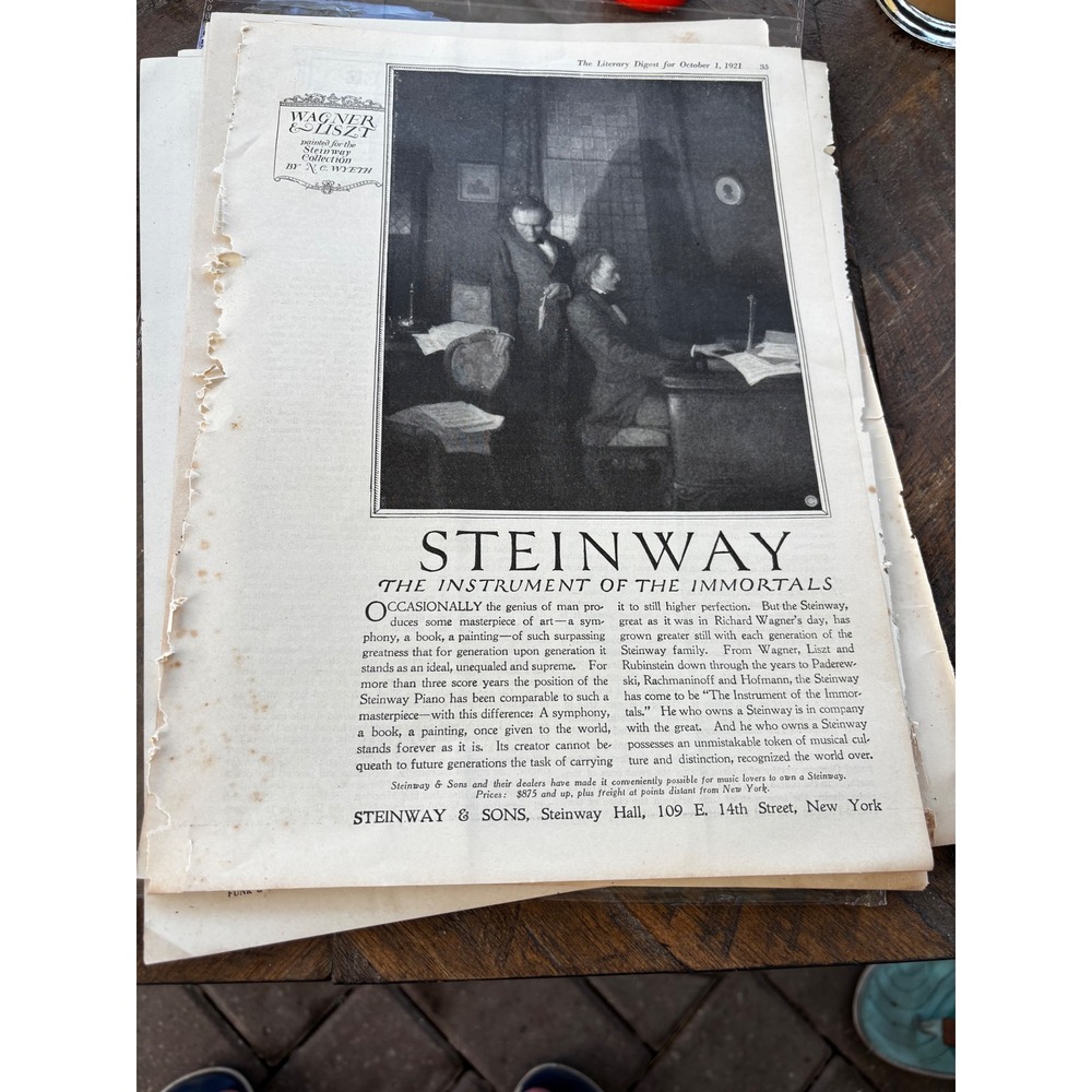 Steinway Vintage Print Ad 1921 Black White N.C. Wyeth Wagner Liszt Piano Art